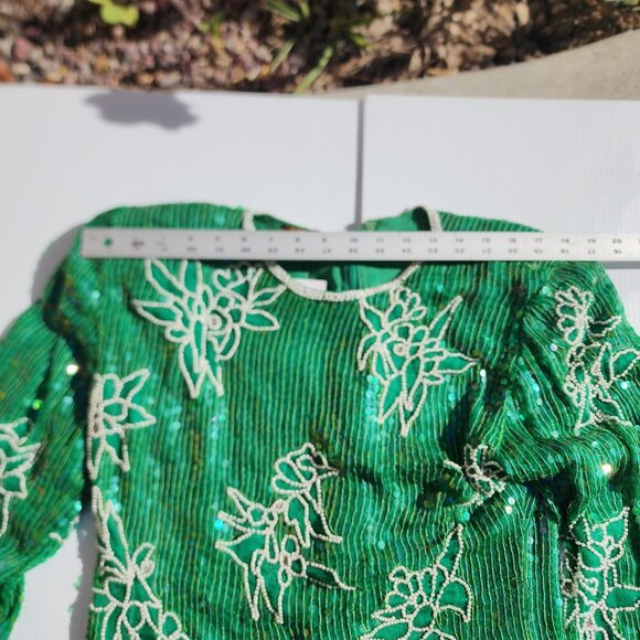 Vtg 80s Eve's Allure Cocktail Mother Bride Dress Emerald Green Sequins Beads Med - Picture 10 of 10